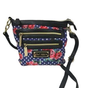 Y2K Betsey Johnson Flower Satchel Crossbody Bag Black w White Skulls 9x9